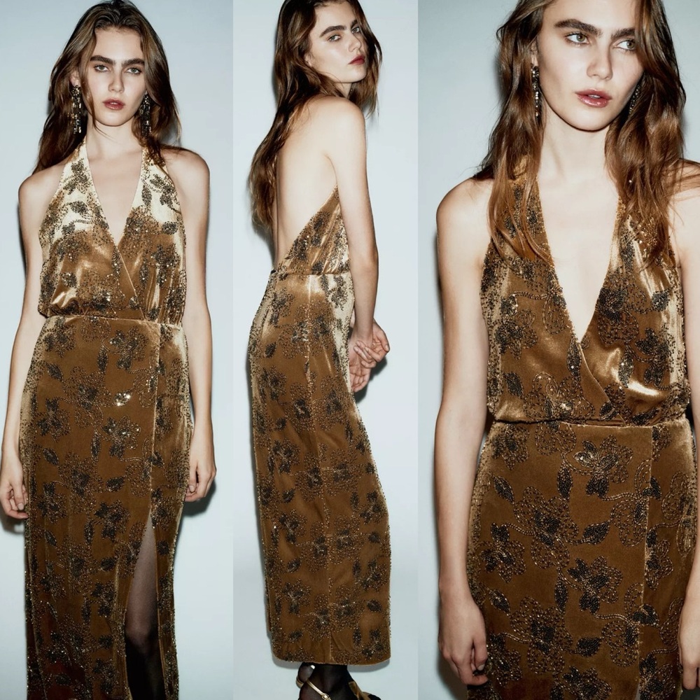 Zara Sequin Velvet Midi Dress Ocher Gold Halter Glam Metallic formal nwt Medium
